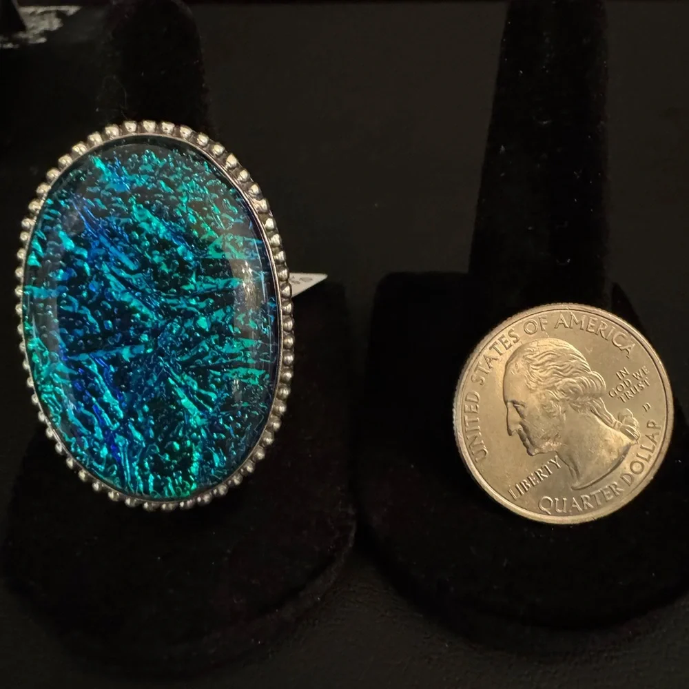 Oval Iridescent opal triplet Blue Green Ring set in‎ Sterling silver